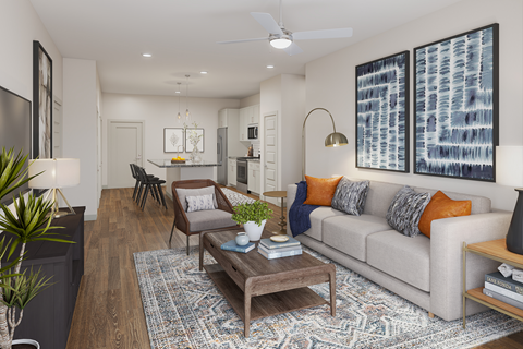 a living room with a couch and a coffee table